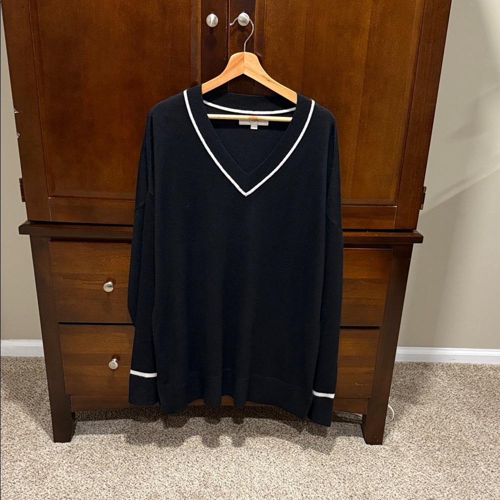 Ladies Light Black V-Neck Sweater with White Trim (hip length)